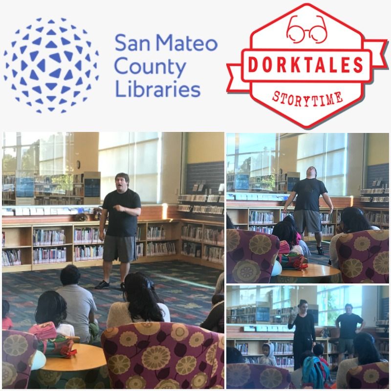 Collage featuring Jonathan Cormur performing Dorktales stories to children at Foster City Library