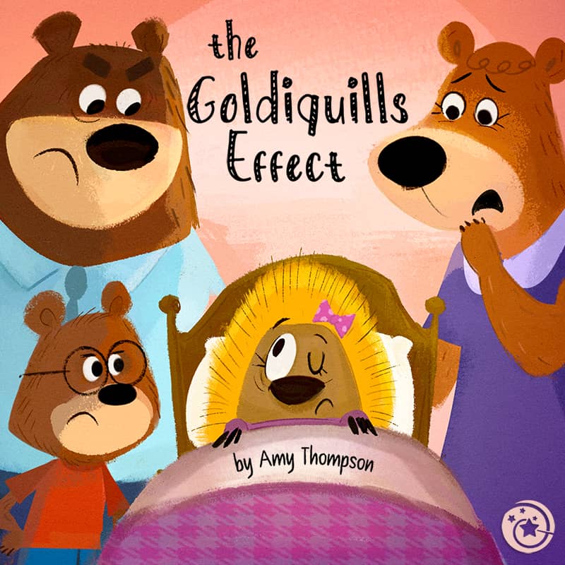 Illustration of the Dorktales Storytime Podcast episode "The Goldiquills Effect" a retelling of Goldilocks and the Three Bears