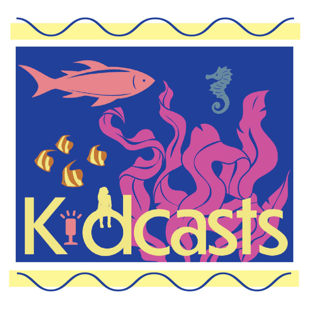 School Library Journal's Kidcasts graphic with fish and oral for an Ocean's of Possibilities summer listening