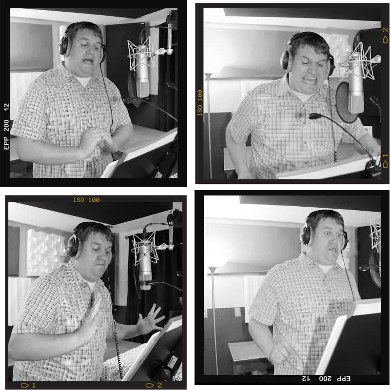 Collage of voice actor Jonathan Cormur behind the mic at Hamilton Studios