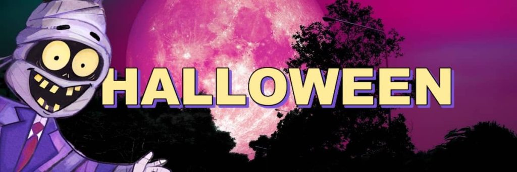 Illustration of Dorktales Storytime's mummy set on a bright pink and black image of a moon rising through trees and the word "Halloween" is laid over the top.
