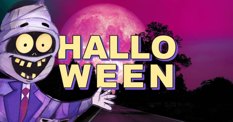 Featured image for Dorktales Storytime podcast playlist on Halloween stories. Shows their illustrated mummy set against a pink and black colored moon and words "Halloween" stacked on top.