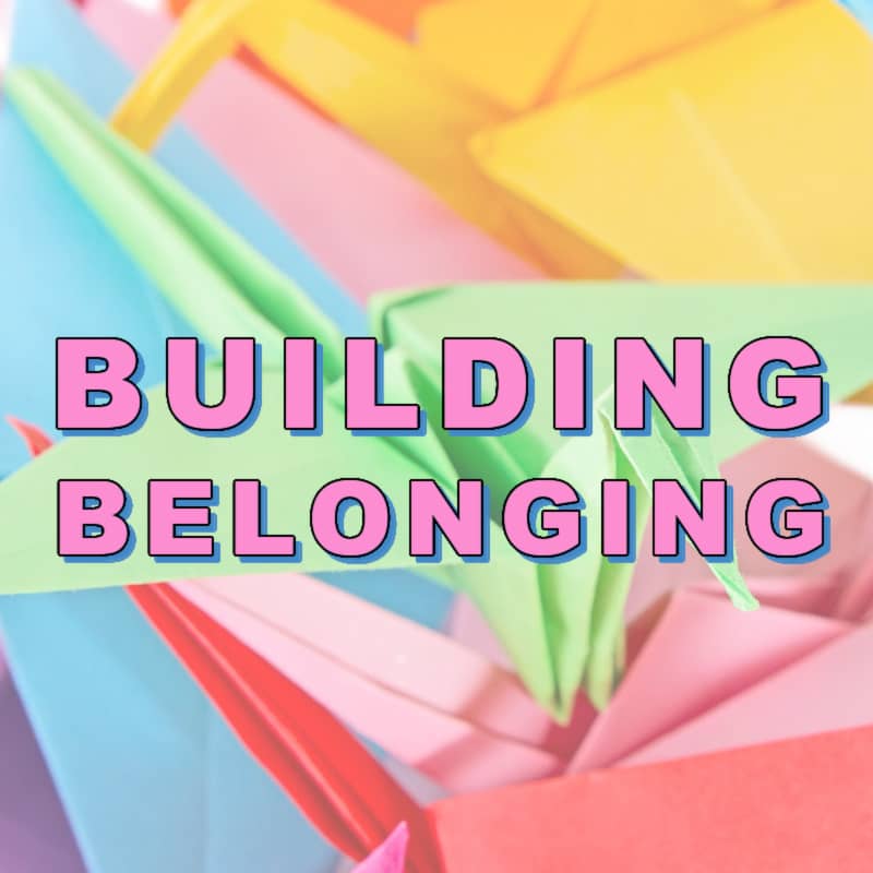 Square image of a collage of origami cranes faded in the background with the words "Building Belonging" centered to represent the podcast playlist for kids about Asian American hidden heroes of history who helped shape American culture.