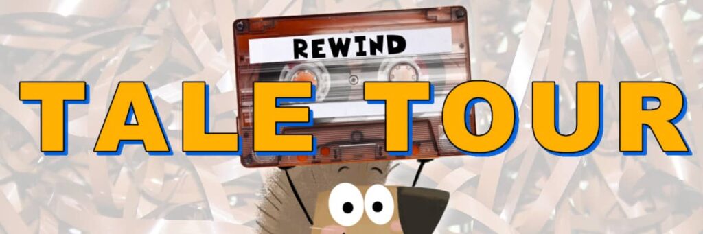 Header illustration for Dorktales Storytime's Rewind episodes shows Redge character holding a tape cassette that says "Rewind" on the label with bold text "TALE TOUR" overlaid on top and set against a background of loose cassette tape.
