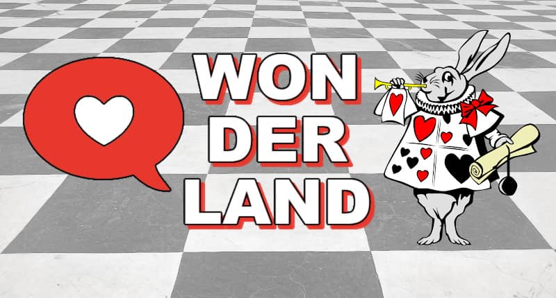 Featured image for Dorktales Storytime podcast's Wonderland playlist shows vintage Alice in Wonderland Rabbit against a black and white checker board background.