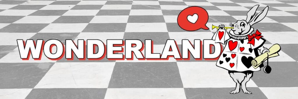 Vintage rabbit illustration wearing a toga with red and black hearts holding a pocket watch, trumpet and scroll with the header "Wonderland" in type set against a black and white checkered background.