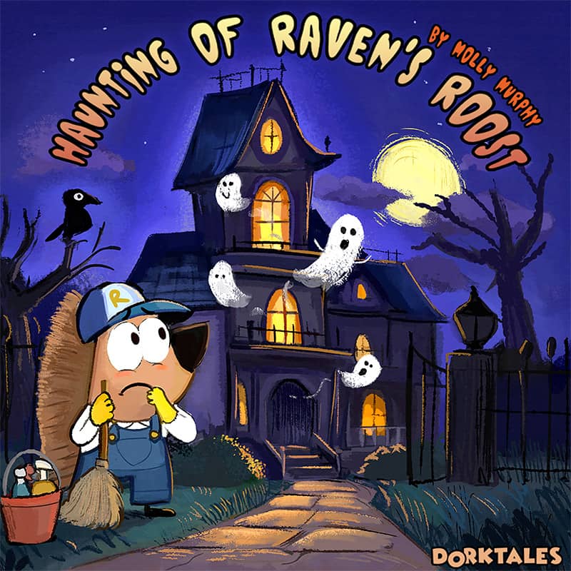 Dorktales Storytime podcast episode illustration of Haunting of Raven's Roost, a haunted house Halloween story for kids.